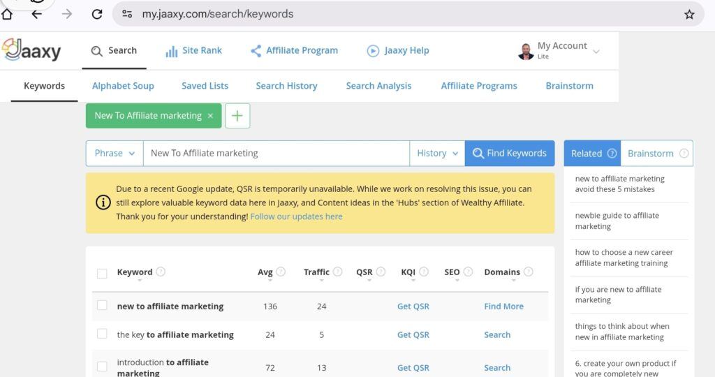 screenshot of jaaxy keyword research tool from wealthy affiliate.