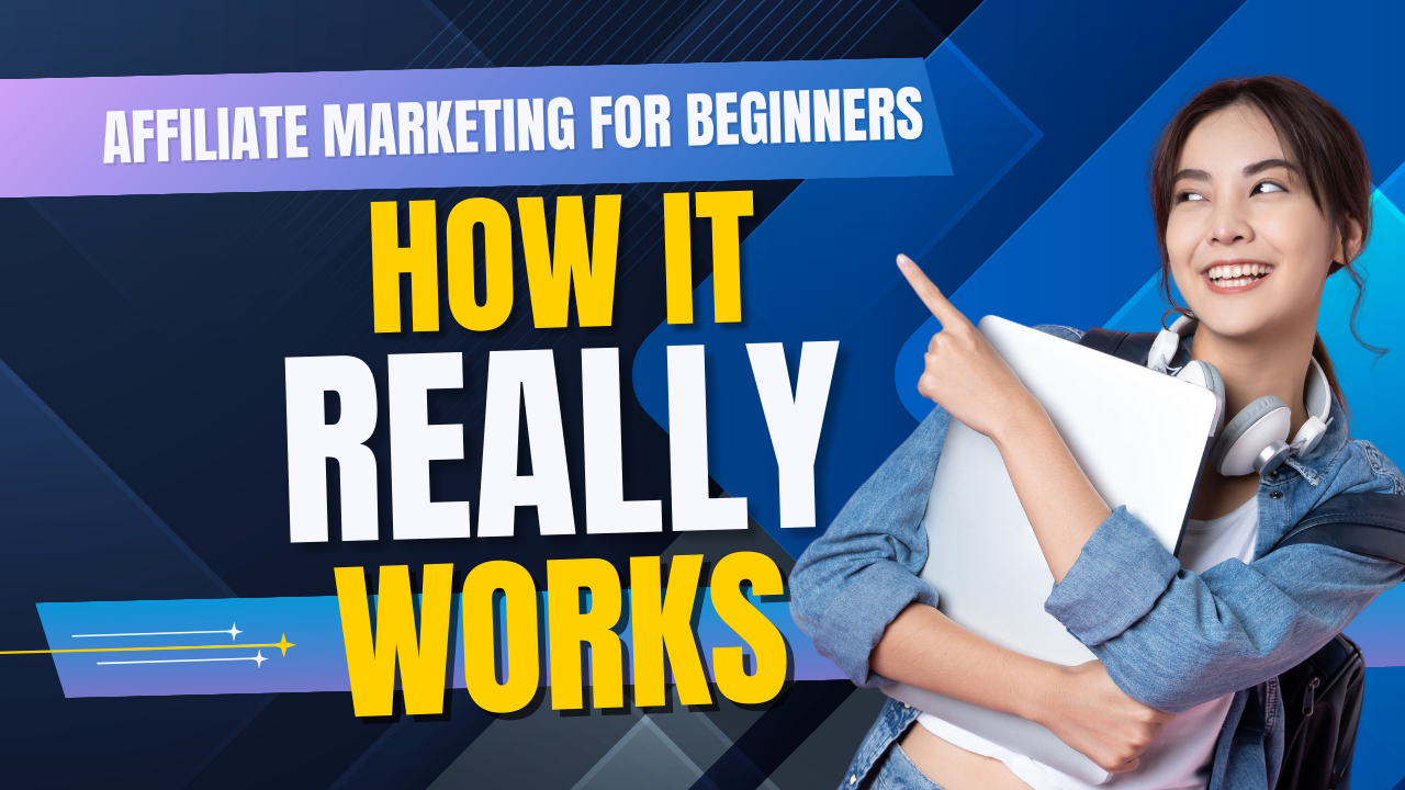 A teaching pointing to the heading that reads: Affiliate marketing for beginners - how it really works.