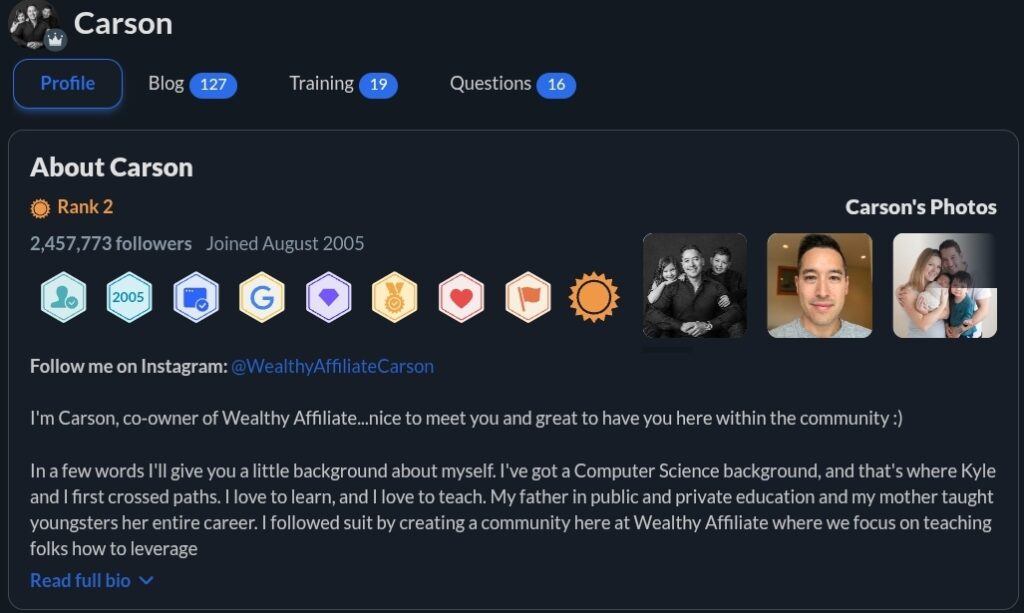 Screeshot of Wealthy Affiliate profile of Carson, the Co-founder of Wealthy Affiliate.