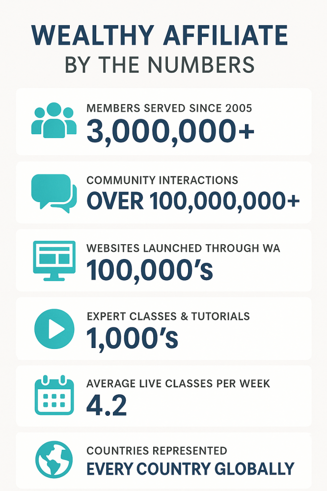 Inforgraph of Wealthy Affiliate by numbers after 20 years of its establishment and operations globally