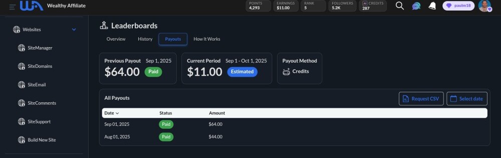 Screenshot of affiliate marketing earning report from Wealthy Affiliate Points System 2025.