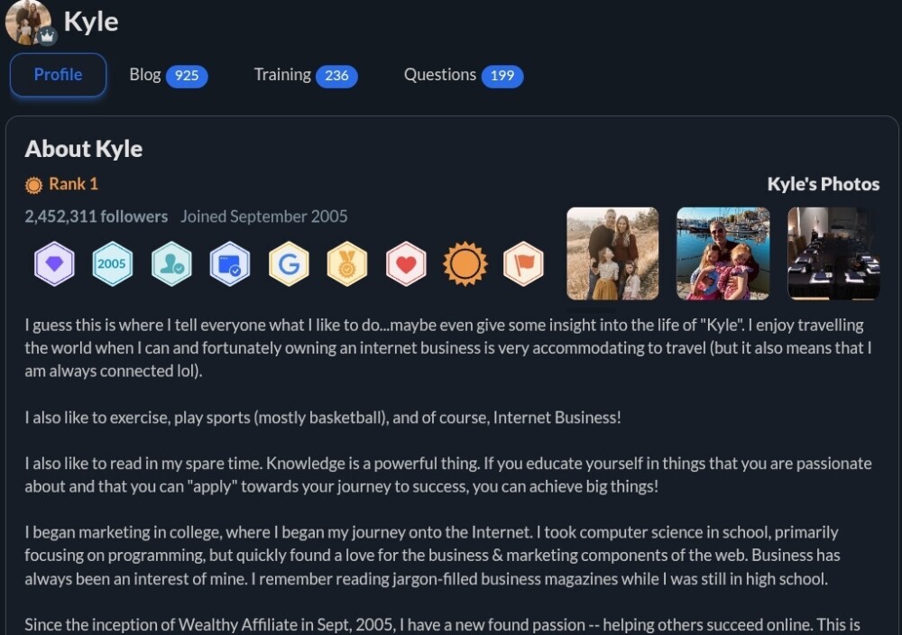 Screenshot of Wealthy Affiliate profile of Kyle, the Co-founder of Wealthy Affiliate.