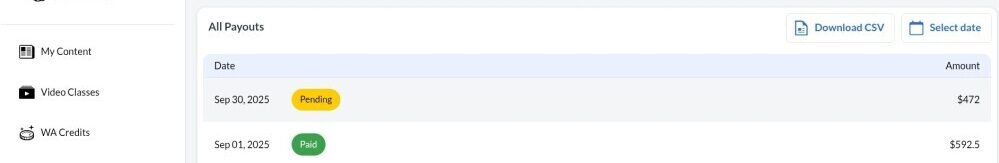 screenshot of wealthy affiliate commission 2025 - My Affiliate Marketing earnings.