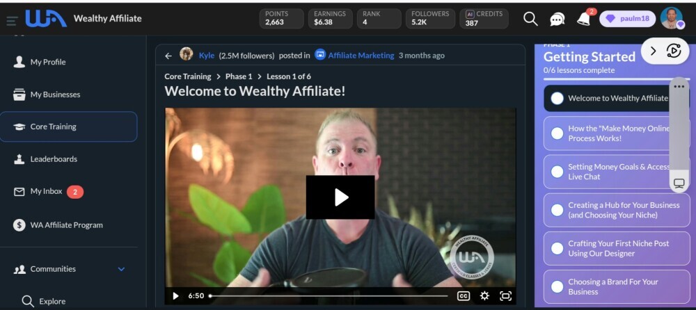Screenshot of wealthy affiliate core training module page where Kyle runs video tutorials.