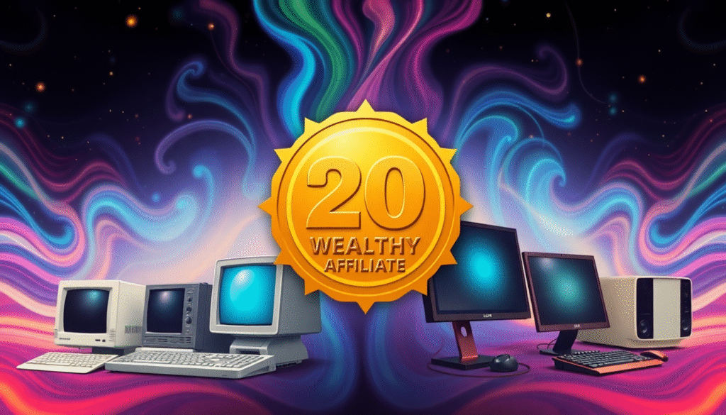 The logo visually represents the evolution of digital entrepreneurship, from the old-school bulky computers of the past to the sleek, modern setups of today. The juxtaposition of the old and new symbolizes growth and progress over the past 20 years, while the bold golden emblem emphasizes a milestone achievement. This design encapsulates the journey of Wealthy Affiliate, making it inspiring and relatable to its audience, evoking a sense of celebration and professionalism.