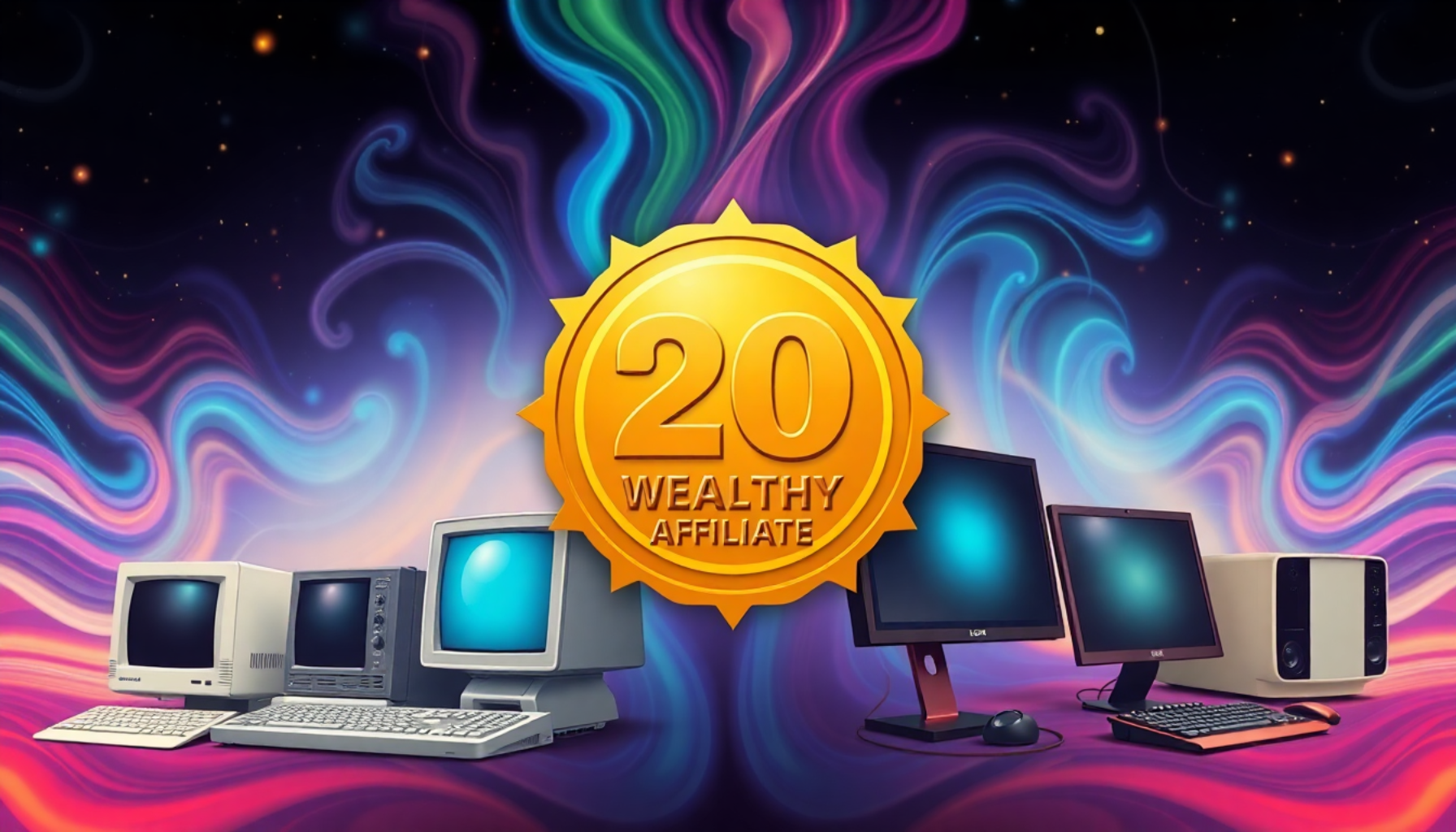 The logo visually represents the evolution of digital entrepreneurship, from the old-school bulky computers of the past to the sleek, modern setups of today. The juxtaposition of the old and new symbolizes growth and progress over the past 20 years, while the bold golden emblem emphasizes a milestone achievement. This design encapsulates the journey of Wealthy Affiliate, making it inspiring and relatable to its audience, evoking a sense of celebration and professionalism.