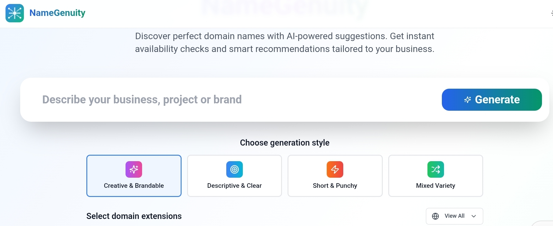 Screenshoot of Namegenuity affilate marketing website domain name search engine.