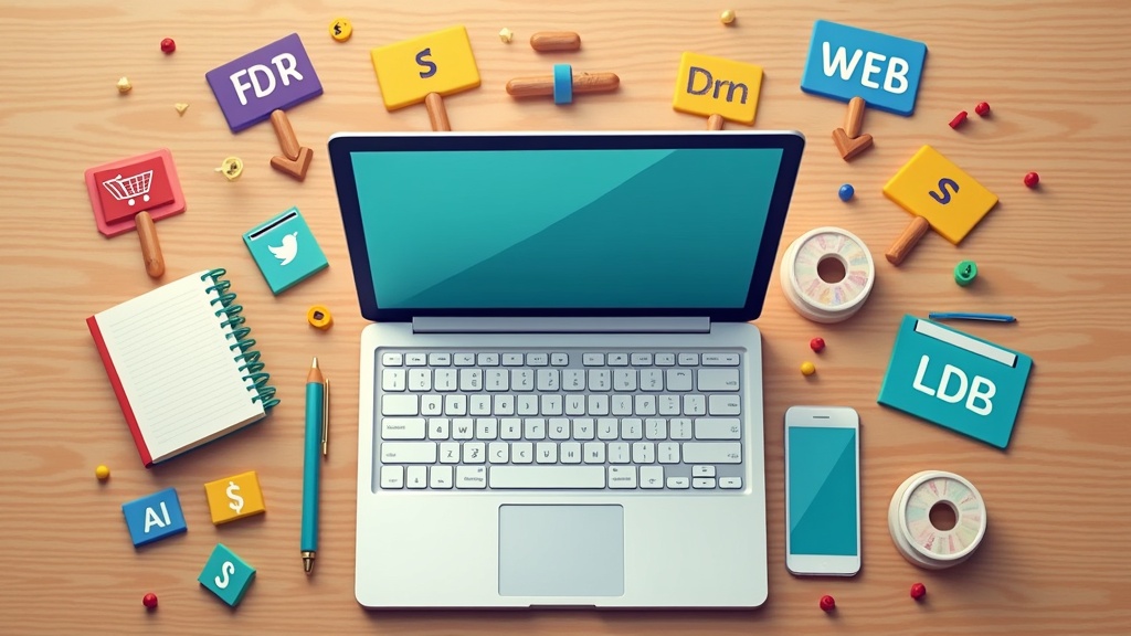 affiliate marketing illustrated with laptop and icons