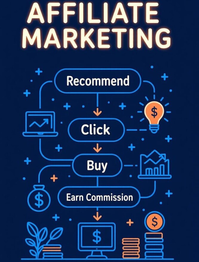 Infographic showing affiliate marketing process for beginners. affiliate marketing process explained simply for beginners 
- recommend 
- click 
- buy 
- earn commission.
affiliate marketing 101 for beginners