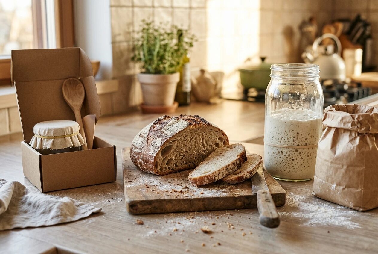 A home kitchen counter in warm morning light with a sourdough starter kit in a small box on the left and a glass jar of bubbly homemade starter beside a bag of flour on the right, with a half-sliced rustic loaf between them.