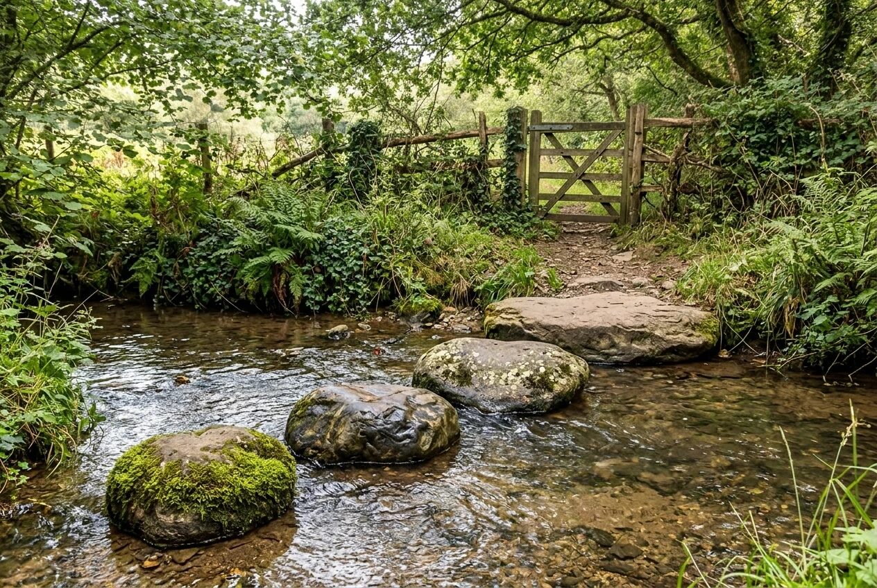 Four stepping stones curving across a shallow stream in soft daylight, each a different size and shade, the first small and mossy and the last flat and wide, leading toward a wooden gate on the far bank.