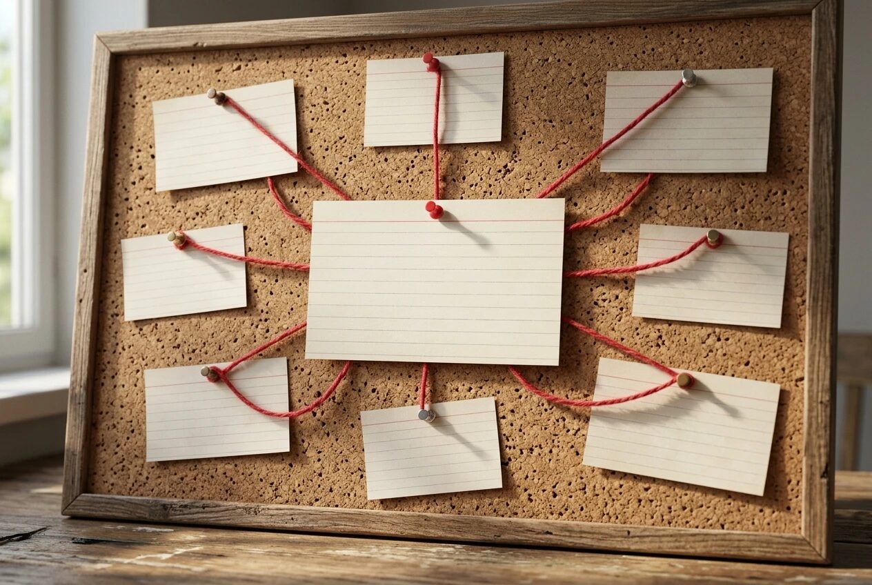 A corkboard with one large index card pinned in the center and several smaller cards around it, each joined to the central card by loops of red string, on a wooden desk lit by a window.