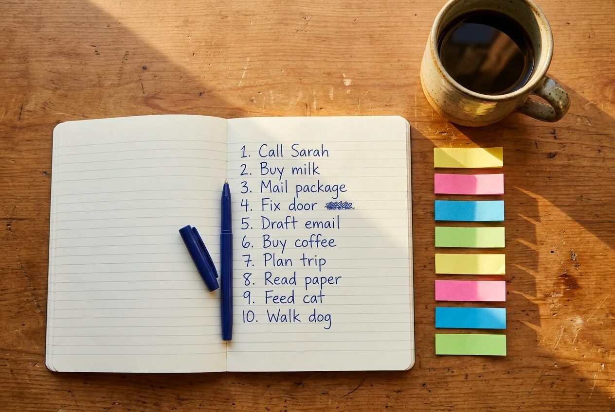 A desk seen from above with a notebook open to a handwritten numbered list, ten sticky notes in four colors arranged in a row beside it, a pen, and a mug of coffee in warm afternoon light.