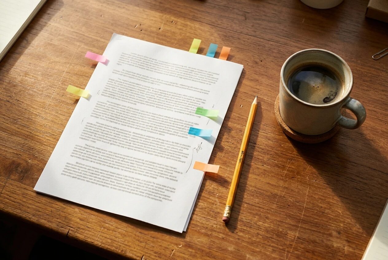 A top-down view of a wooden desk where a printed article draft lies with five small coloured sticky flags placed at different points along the page, next to a pencil and a mug of coffee, in warm morning window light.