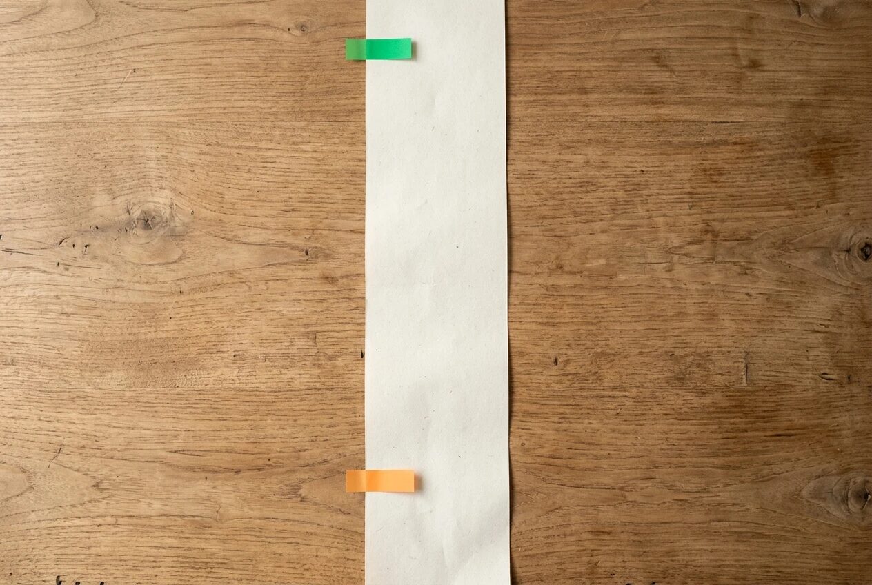 A long vertical strip of paper laid flat on a table representing a review article, with a small green marker at the top, a gap of empty space through the middle, and a single orange marker near the bottom, photographed from above in soft daylight.
