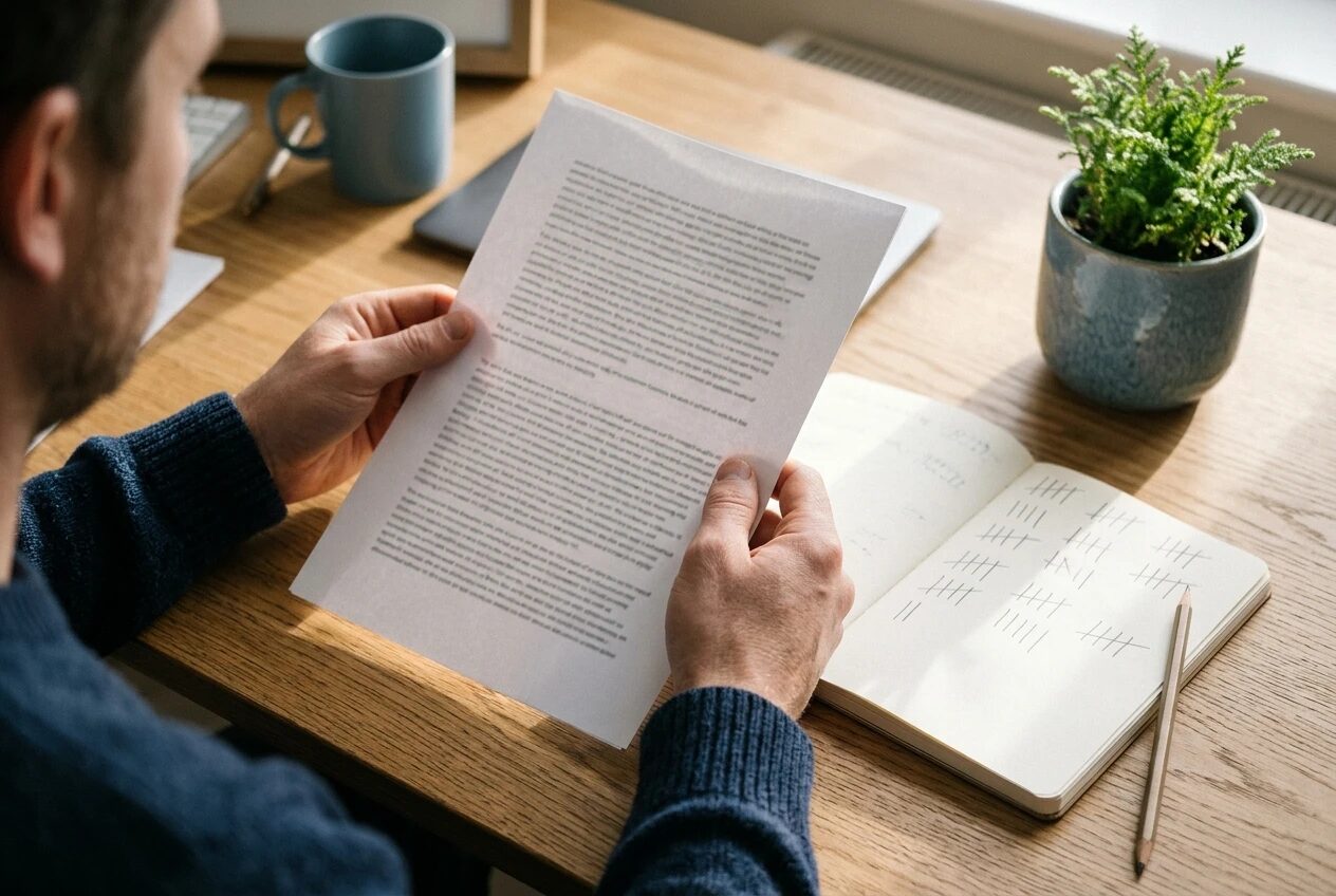 A person's hands holding a printed page and reading it aloud at a tidy desk, with a notebook of pencil tick marks and a small potted plant beside it, in calm afternoon light with muted blue and wood tones.