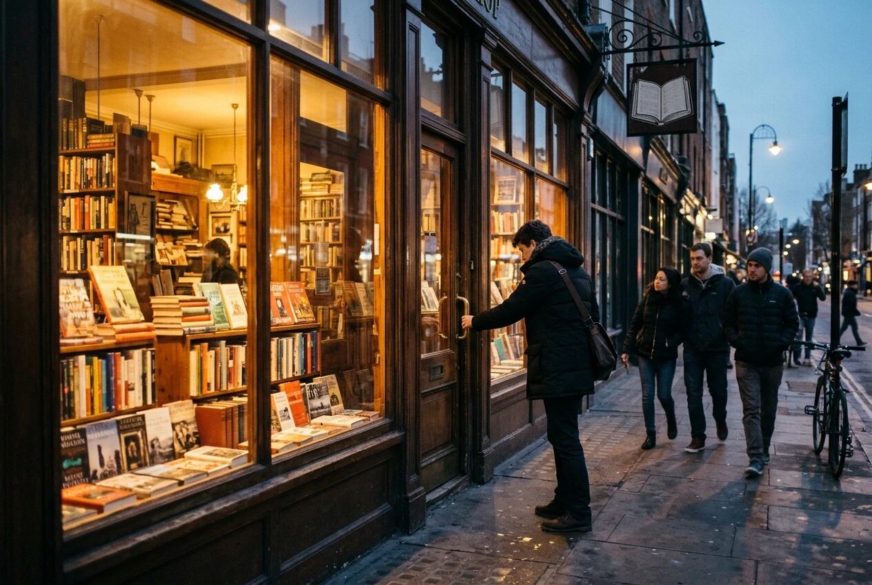 A bookshop window display at dusk where many passers-by glance at a row of books but only one person has stopped and is reaching for the door handle, warm interior glow against cool blue street light, conveying plenty of views and few clicks.