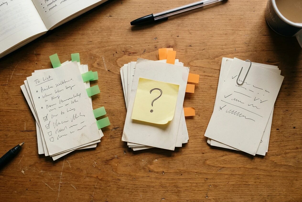 A paper to-do list sorted into three small piles on a desk: one pile of cards with green sticky tabs, one with orange tabs and a question mark sticky note on top, one with a paperclip linking two cards together, overhead view in warm light.