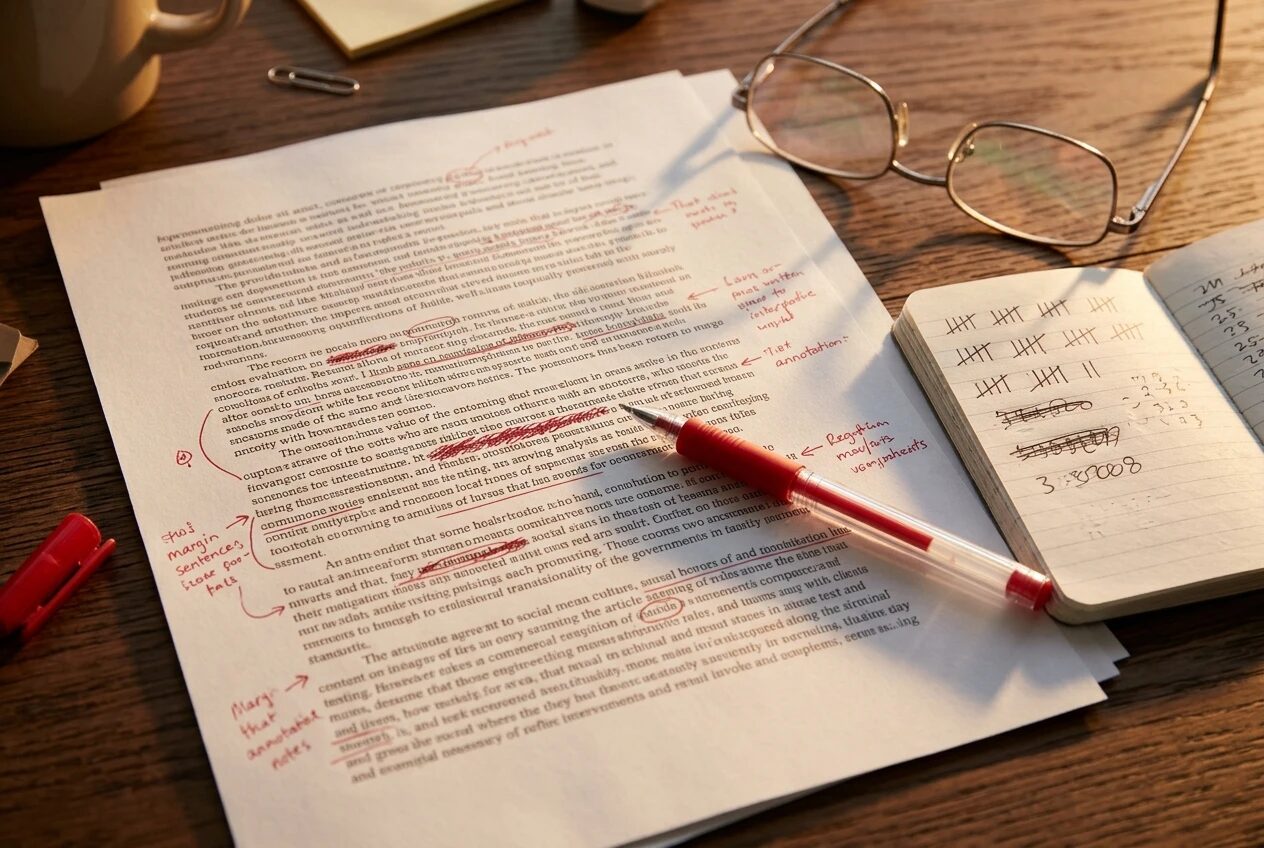 A printed article draft on a desk marked up with a red pen, crossed-out sentences and margin notes, next to a small notebook with tallied numbers and a pair of reading glasses, late afternoon side light, warm amber tones.