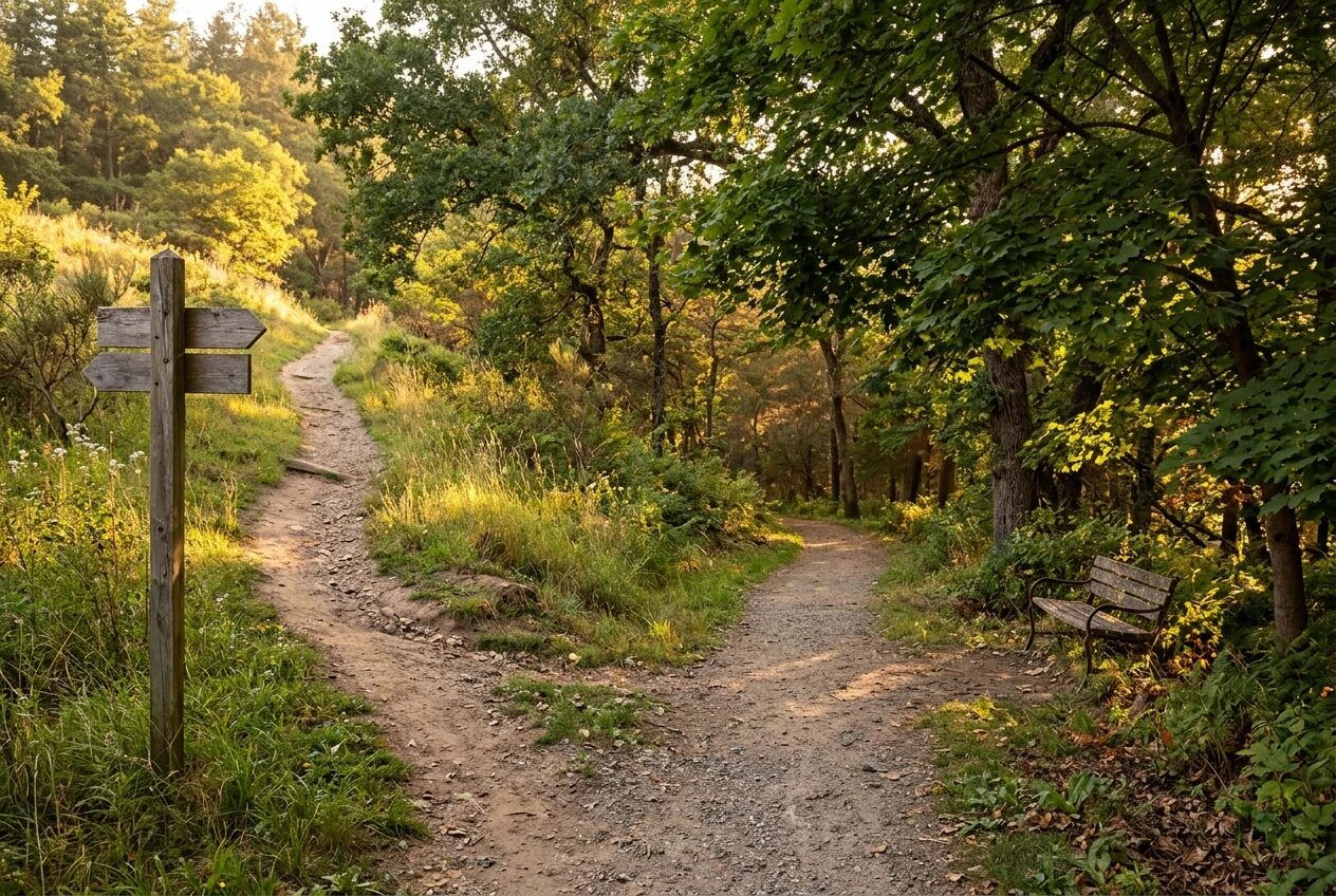 A winding path at a fork in a green park, one branch leading steadily uphill with a wooden signpost, the other a quiet bench under trees, soft golden hour light, a sense of choosing a pace.